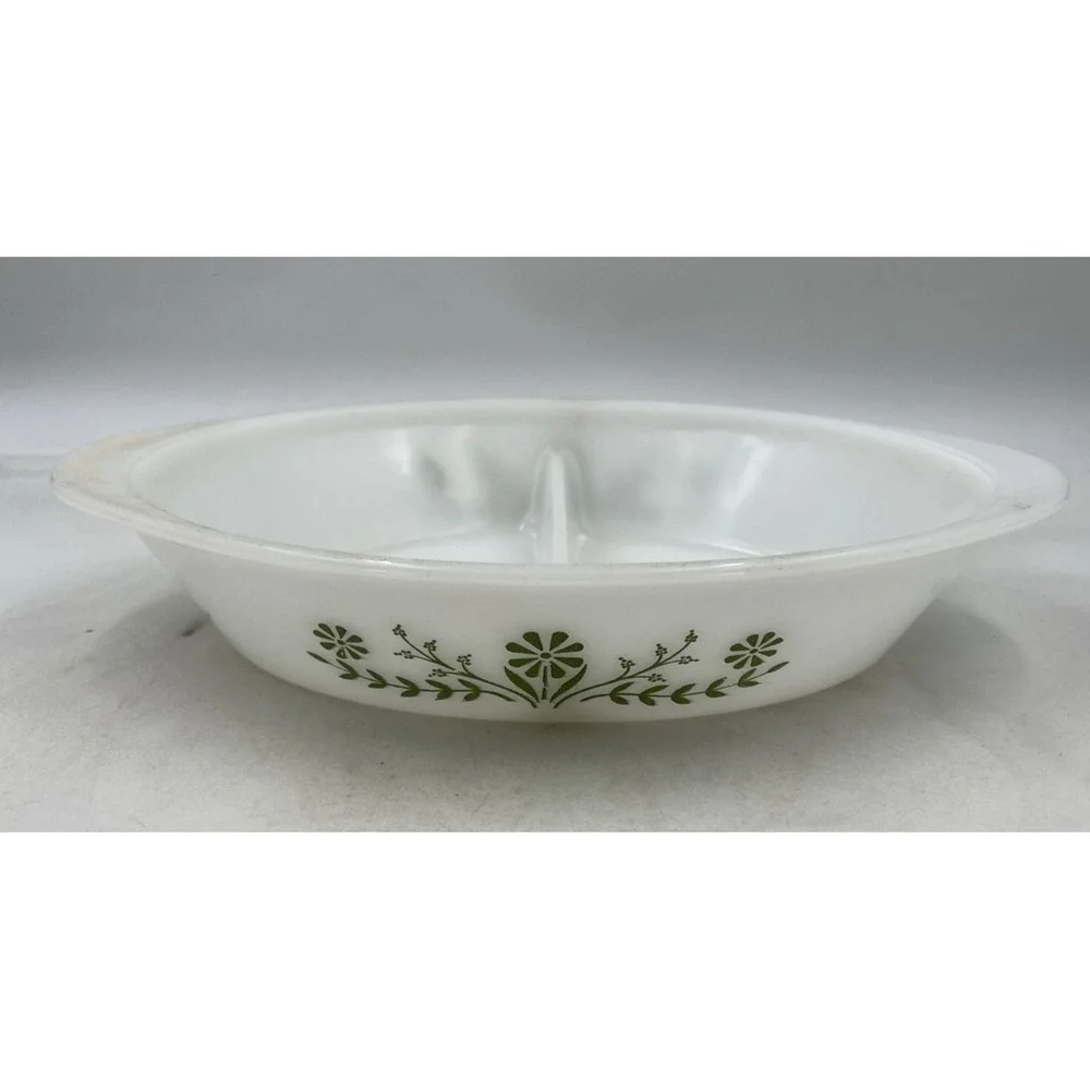 Vintage Glasbake Casserole Dish Milk Glass Divided Green Daisy Pattern J2352